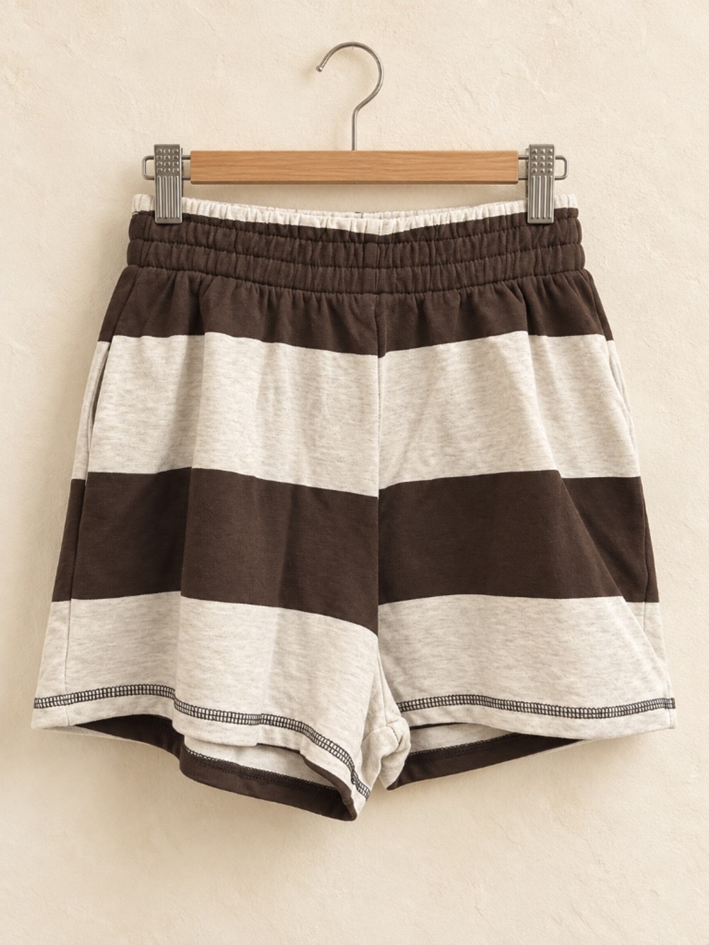 Zenana Brown & Cream Striped Half-Zip Top & Shorts Set - Picture 3 of 3
